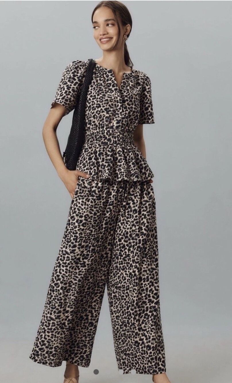 ANTHROPOLOGIE Somerset Linen Blend Wide Leg Leopard Animal Print Pull-On Pants